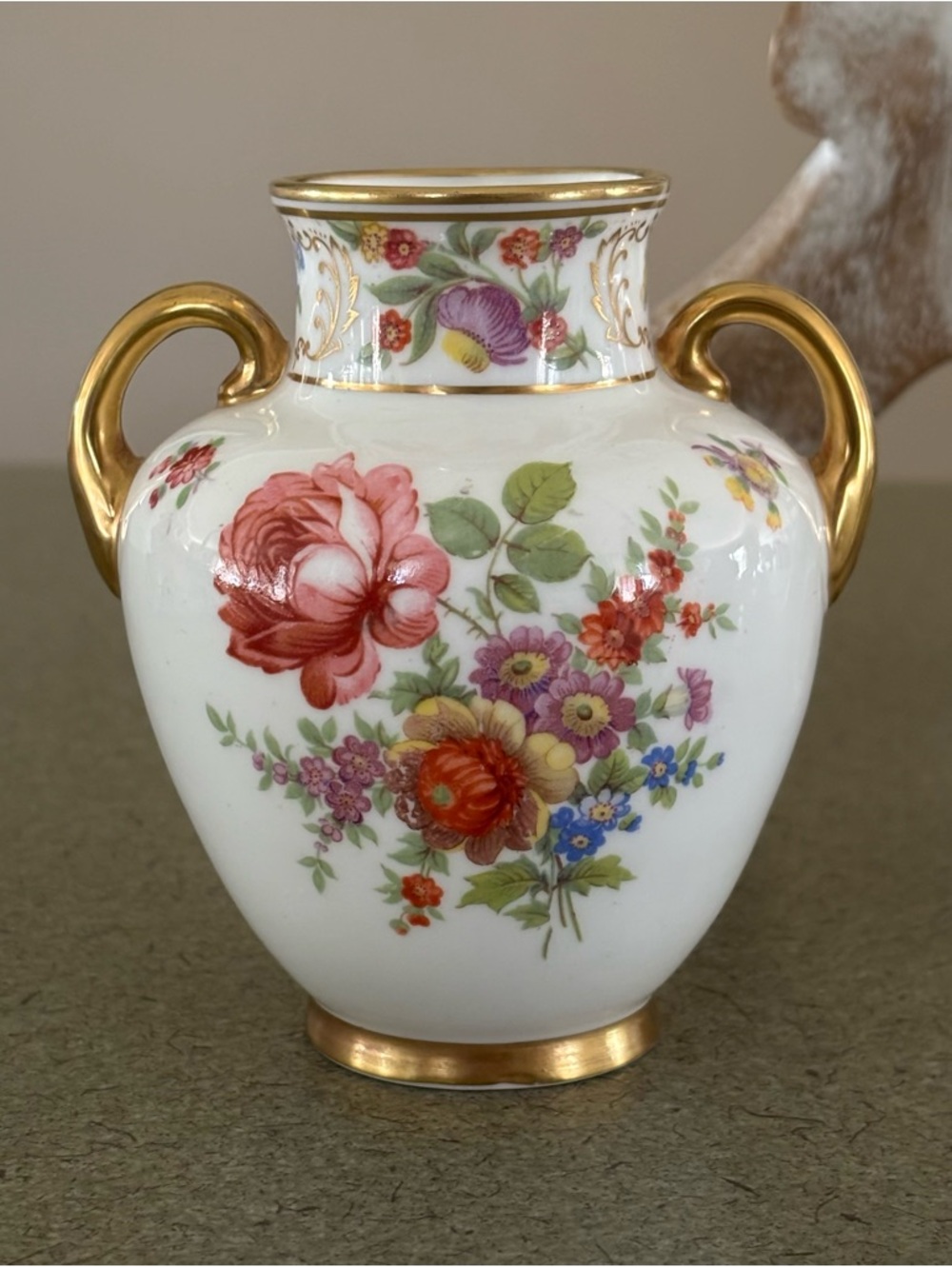 Decorative Floral Porcelain Vase with Gold Handles - White